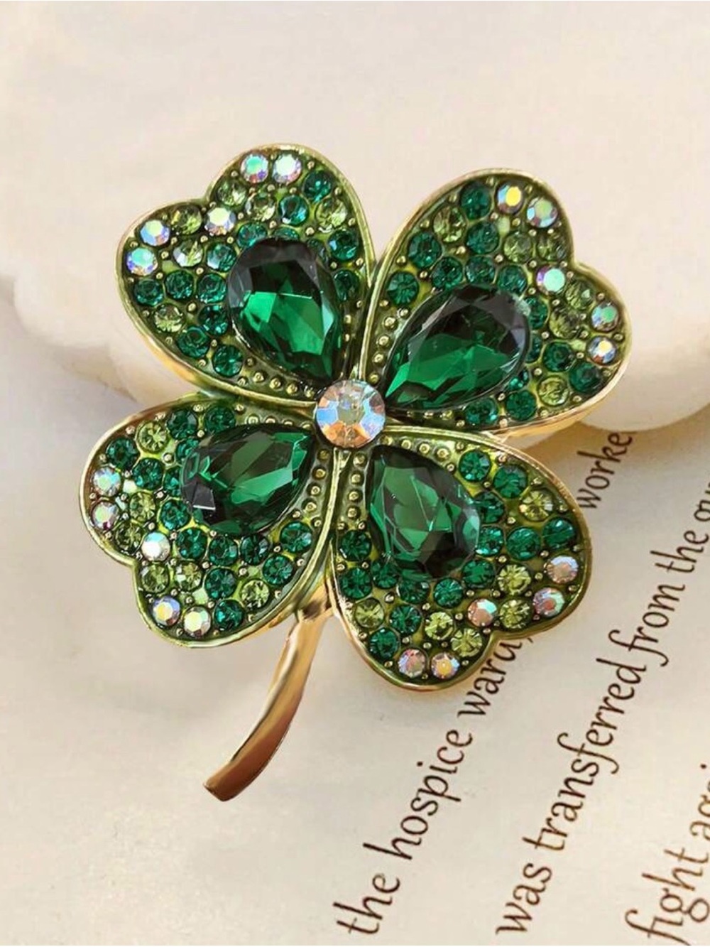 Green Crystal Four-Leaf Clover Brooch - Gold Tone